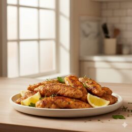 Air Fryer Chicken Tenders served on a plate without breading, crispy and golden, styled in a modern kitchen setting.