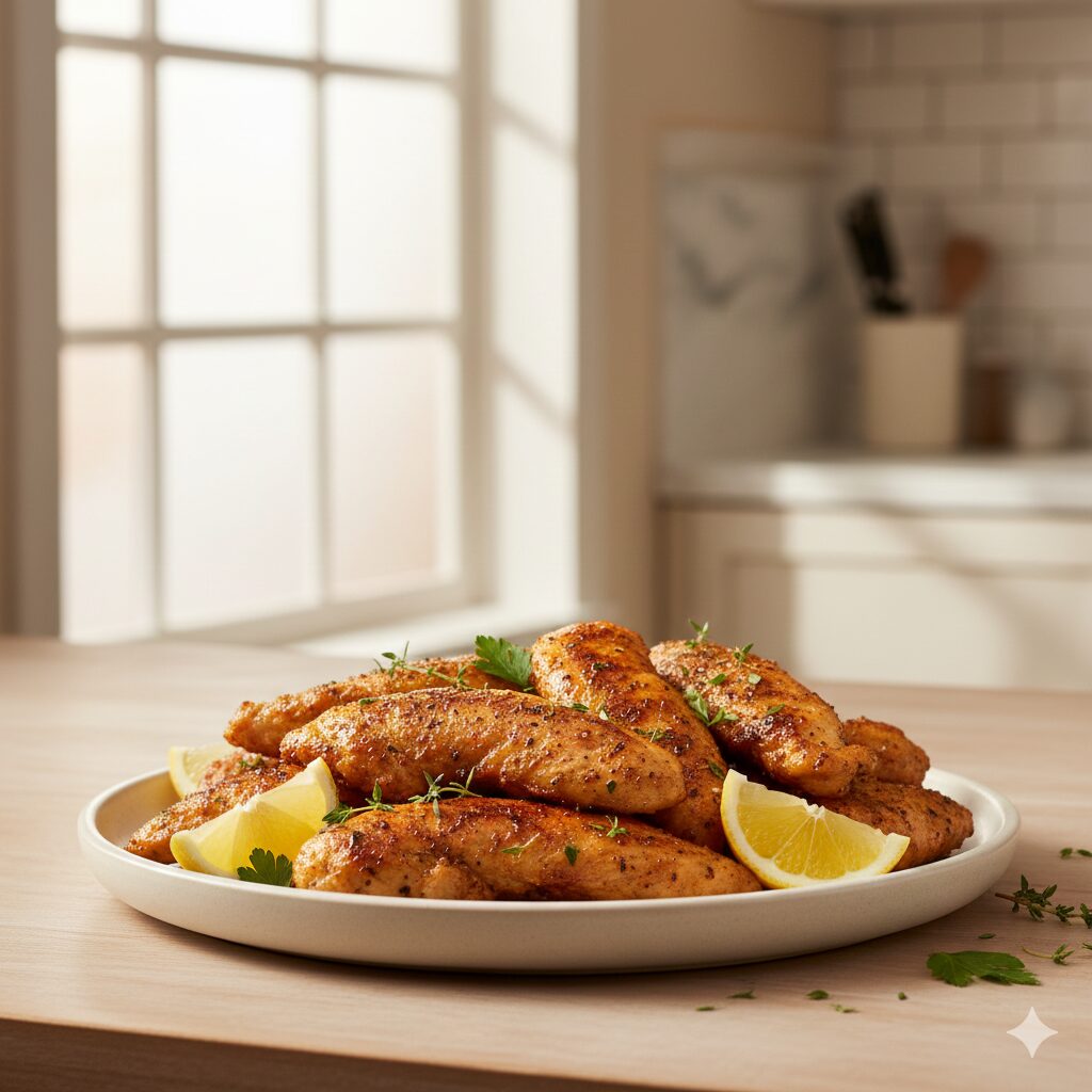 Air Fryer Chicken Tenders served on a plate without breading, crispy and golden, styled in a modern kitchen setting.