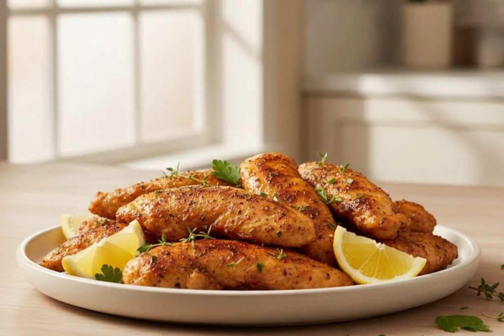 Air Fryer Chicken Tenders served on a plate without breading, crispy and golden, styled in a modern kitchen setting.