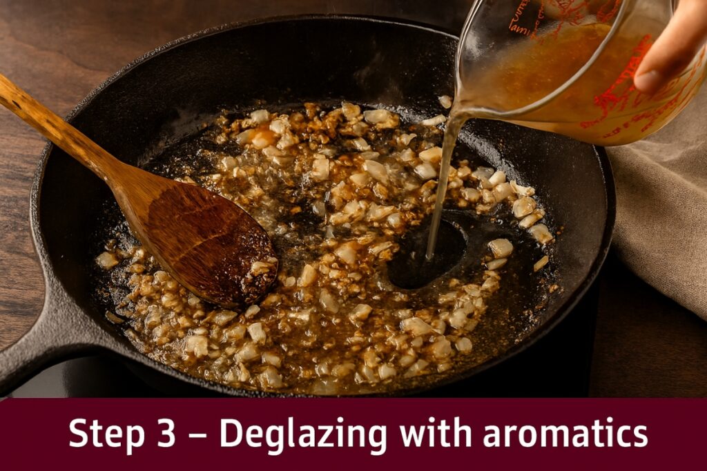 Garlic and onions sautéing in a skillet while broth is poured in to deglaze the browned fond.
