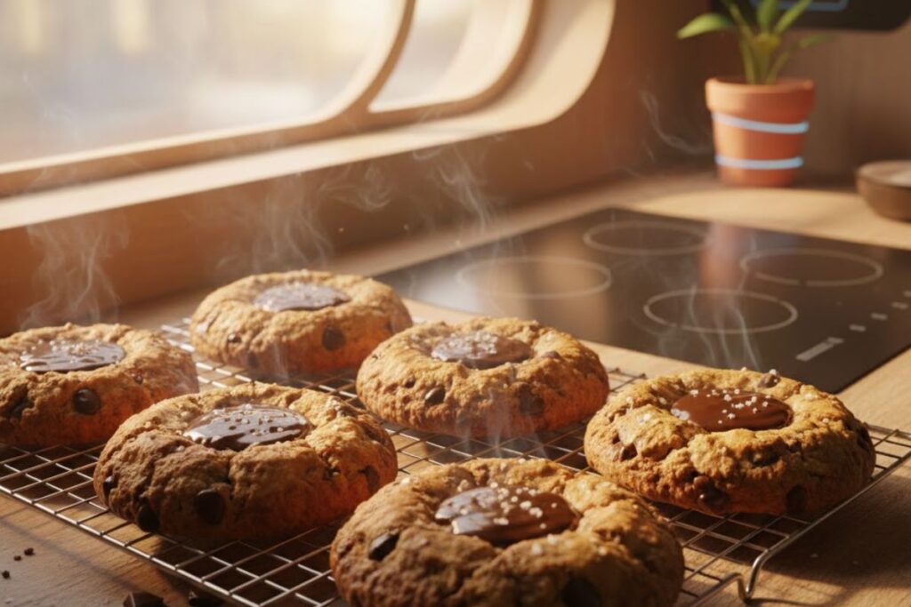 Freshly baked bakery style chocolate chip cookies cooling on a wire rack with melted chocolate and flaky sea salt.