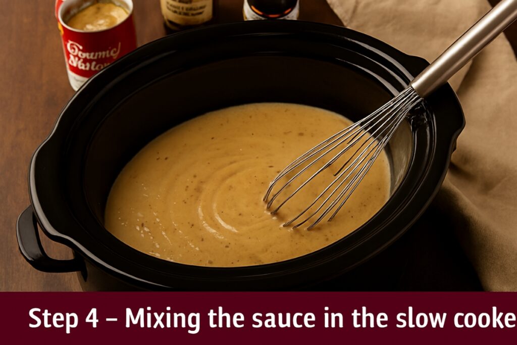 Cream of mushroom soup, broth, soy sauce, and Worcestershire being whisked together in a slow cooker.”