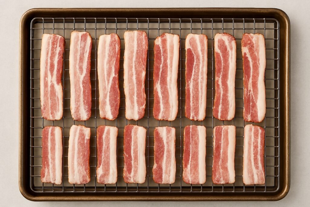Bacon strips evenly spaced on a rack before baking in the oven.