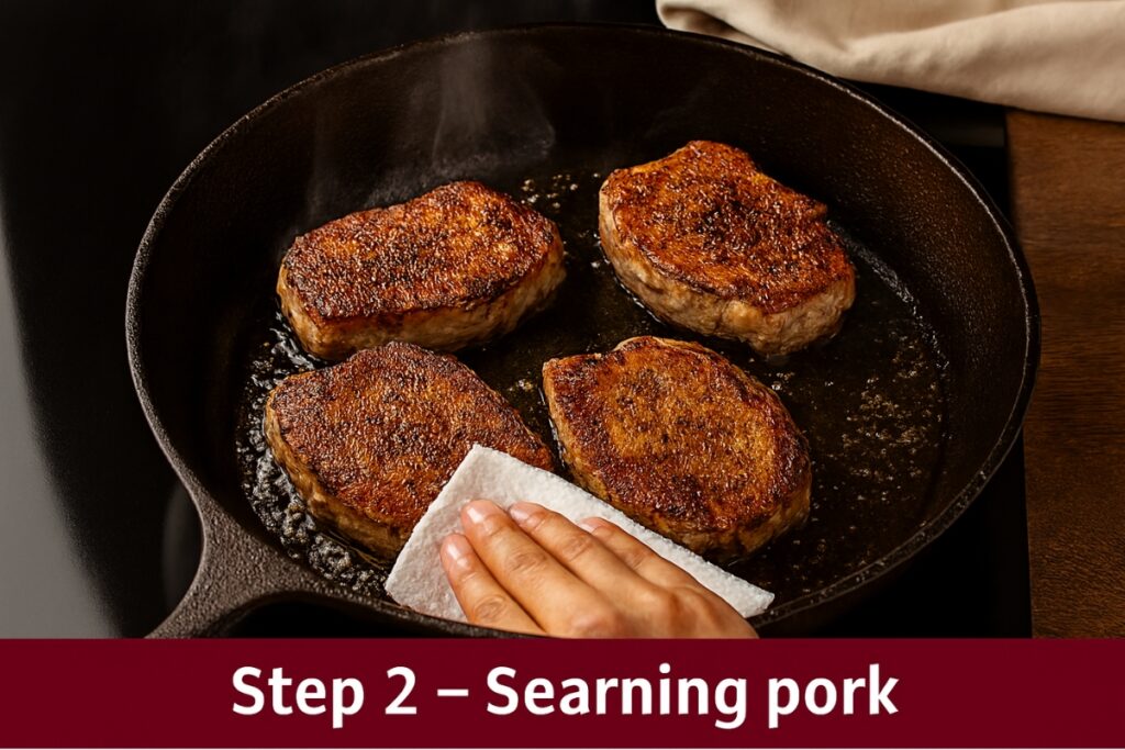 Pork loin chops searing in a hot cast iron skillet with a golden brown Maillard crust.