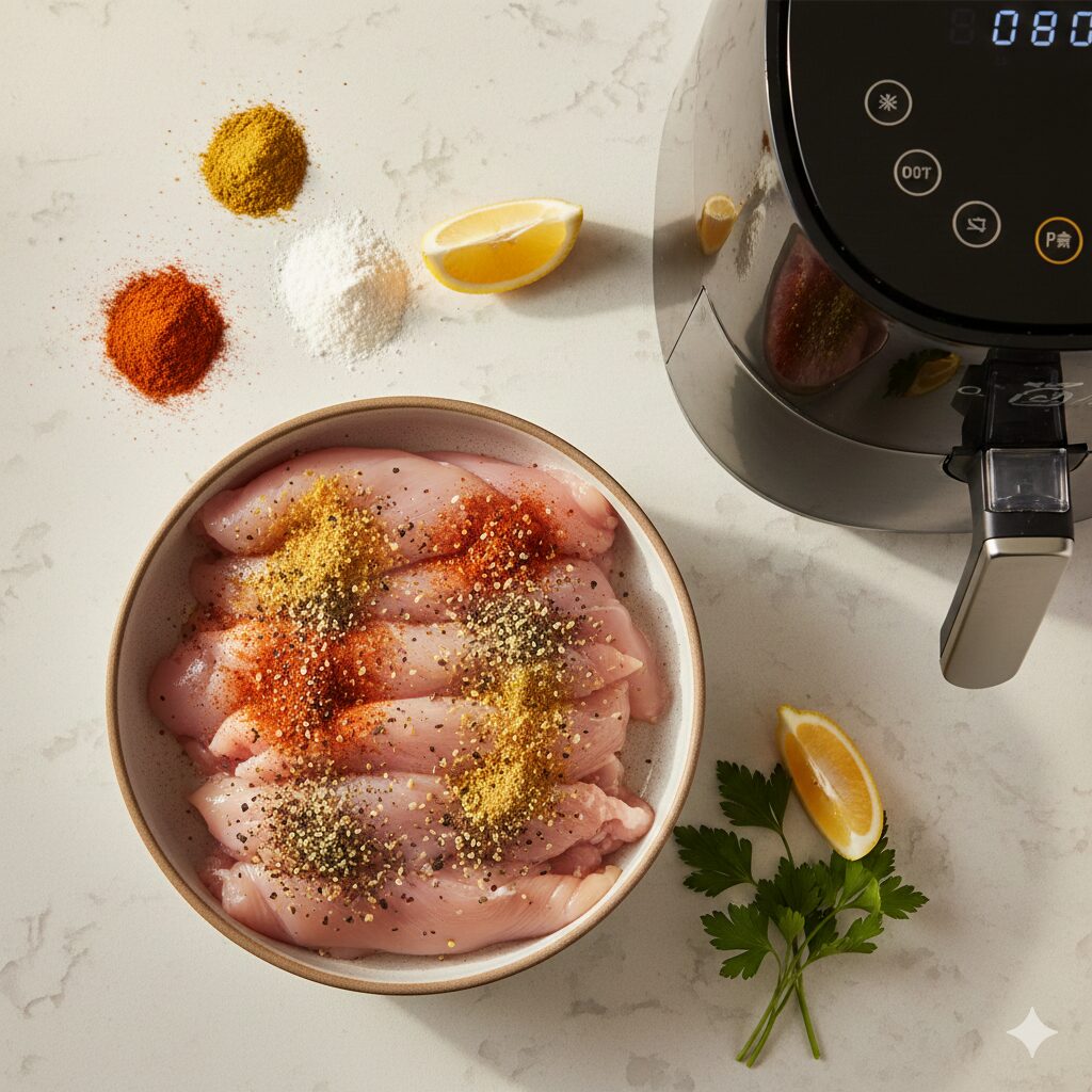 Seasoned Raw Chicken Tenders Ready for the Air Fryer