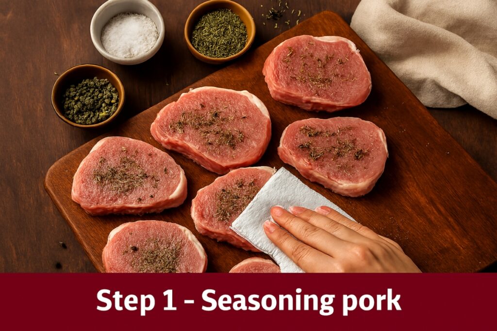 Raw pork loin chops on a cutting board being patted dry and seasoned with salt, pepper, and thyme.