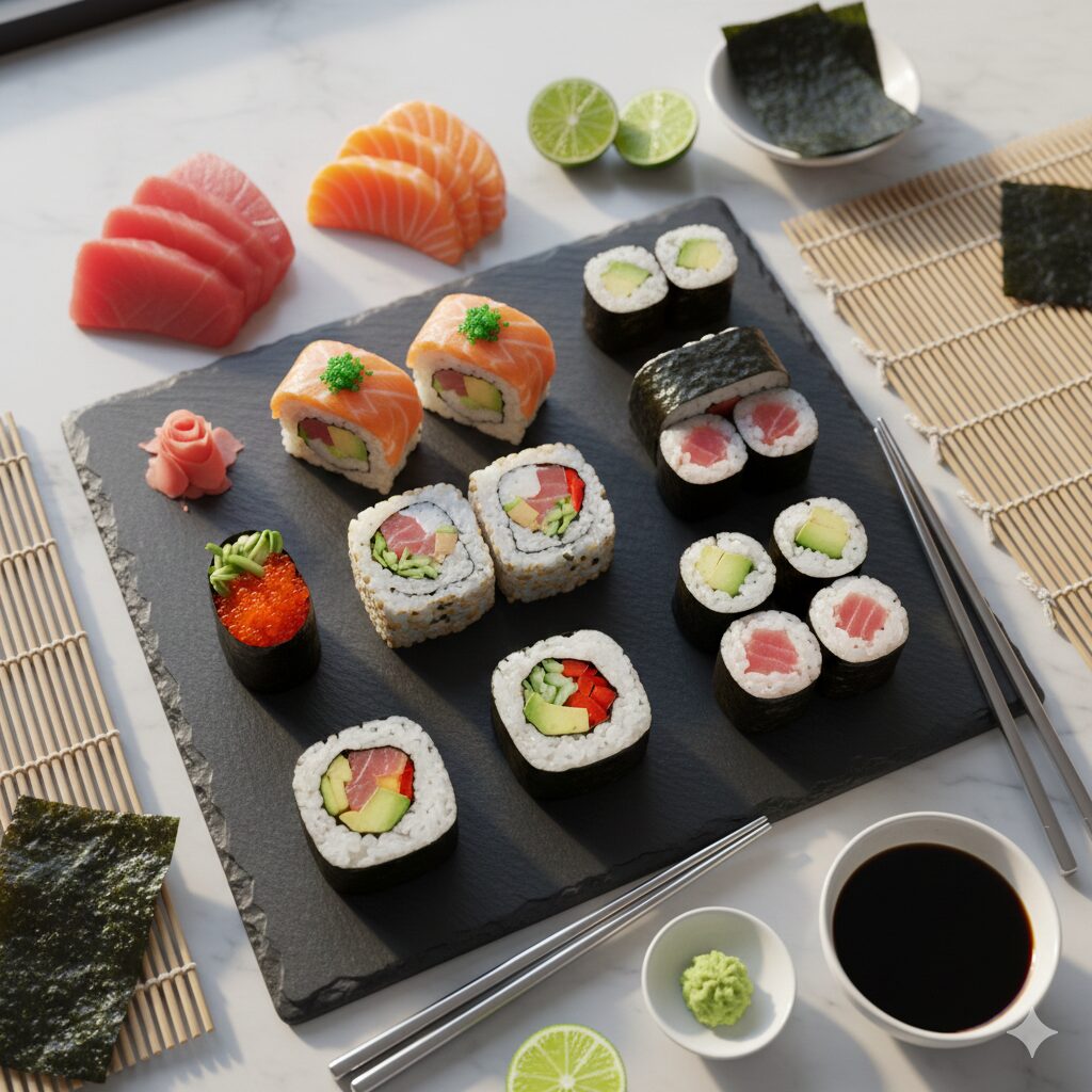 ingredients for sushi rolls displayed with modern rice