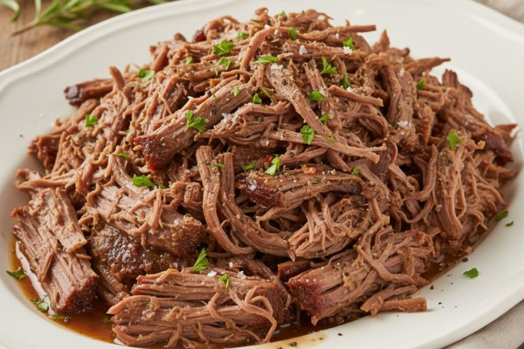 Tender shredded chuck roast on serving plate