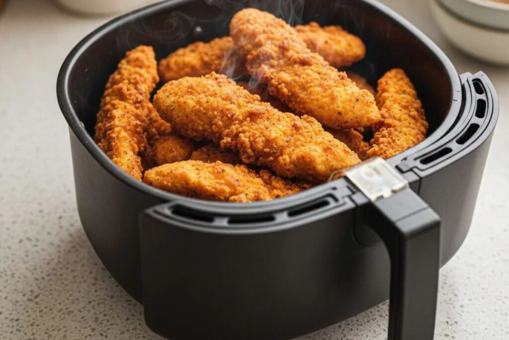 Hot, crispy air fryer chicken tenders resting in the air fryer basket.