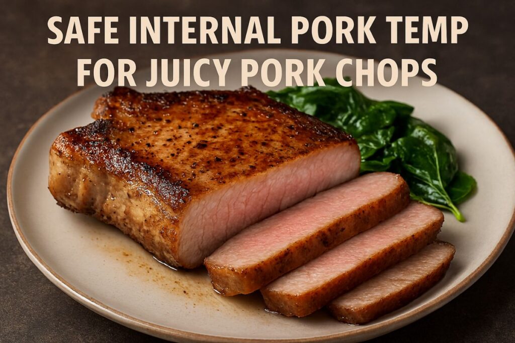 Safe internal pork temp for juicy pork chops.
