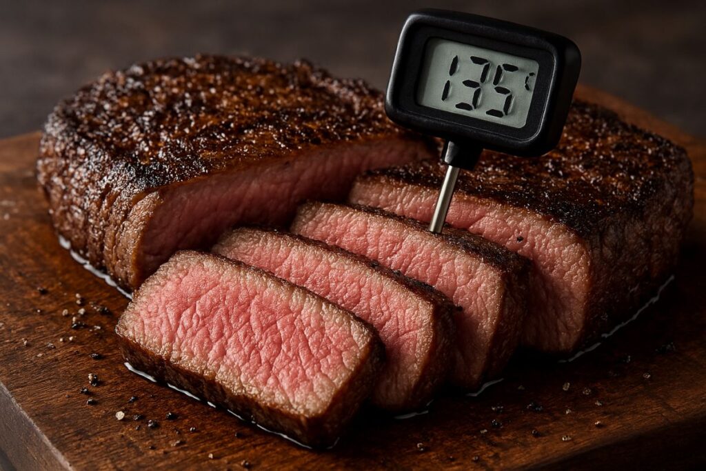 Professional steak doneness temp check with digital thermometer