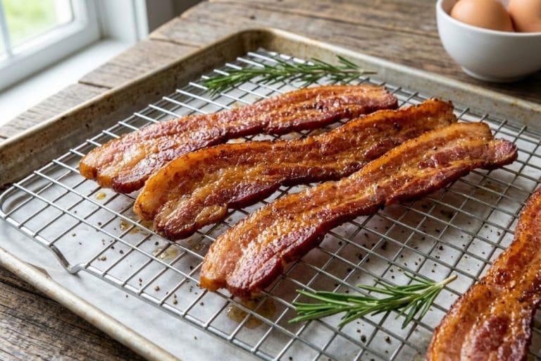 Thick-cut bacon arranged on a wire rack over a parchment-lined baking sheet
