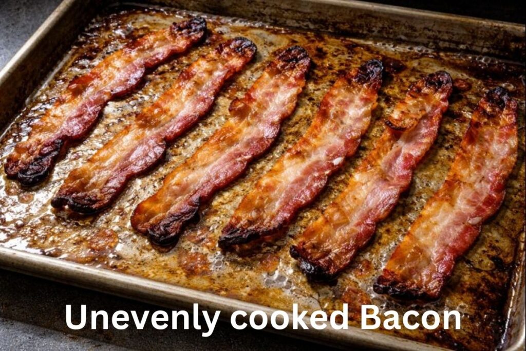 Bacon strips cooked directly on a pan at 400°F with uneven heat, some strips burned on the edges while others are swimming in their own fat, resulting in a soft, greasy texture.