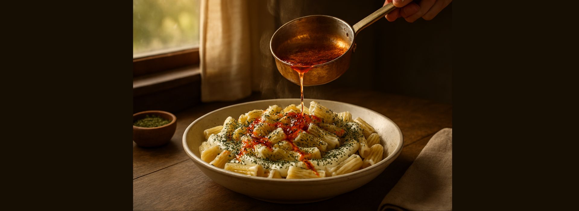 A large bowl of ridged pasta is being drizzled with vibrant, glowing red chili butter for Turkish Pasta Recipe