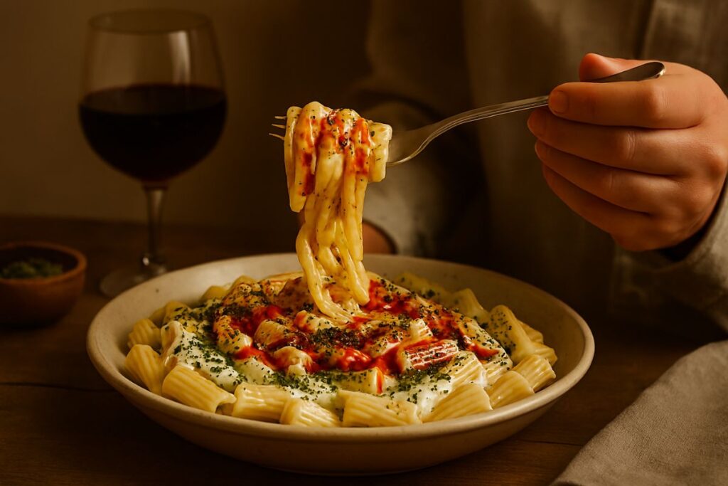 Creamy Turkish Pasta Recipe after cooked lifting a bite.