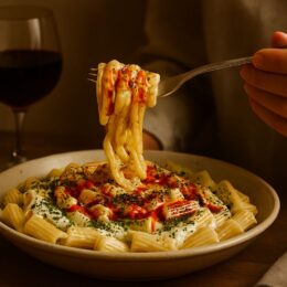A person’s hand holding a fork, lifting a bite of creamy pasta