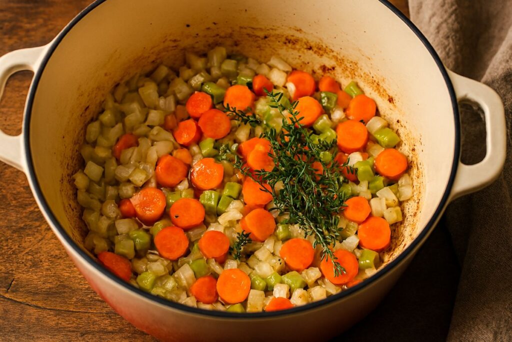 Aromatics Cooking for Old Fashioned Chicken and Dumplings