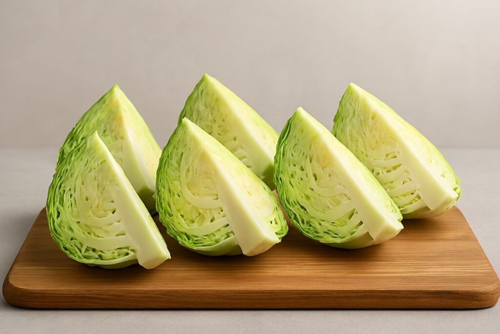 Cabbage cut into wedges – core intact