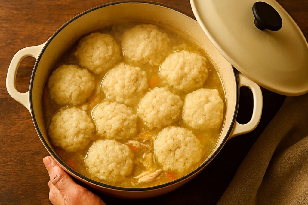 Fluffy dumplings steaming in broth while cooking homemade chicken and dumplings, a classic winter comfort recipe