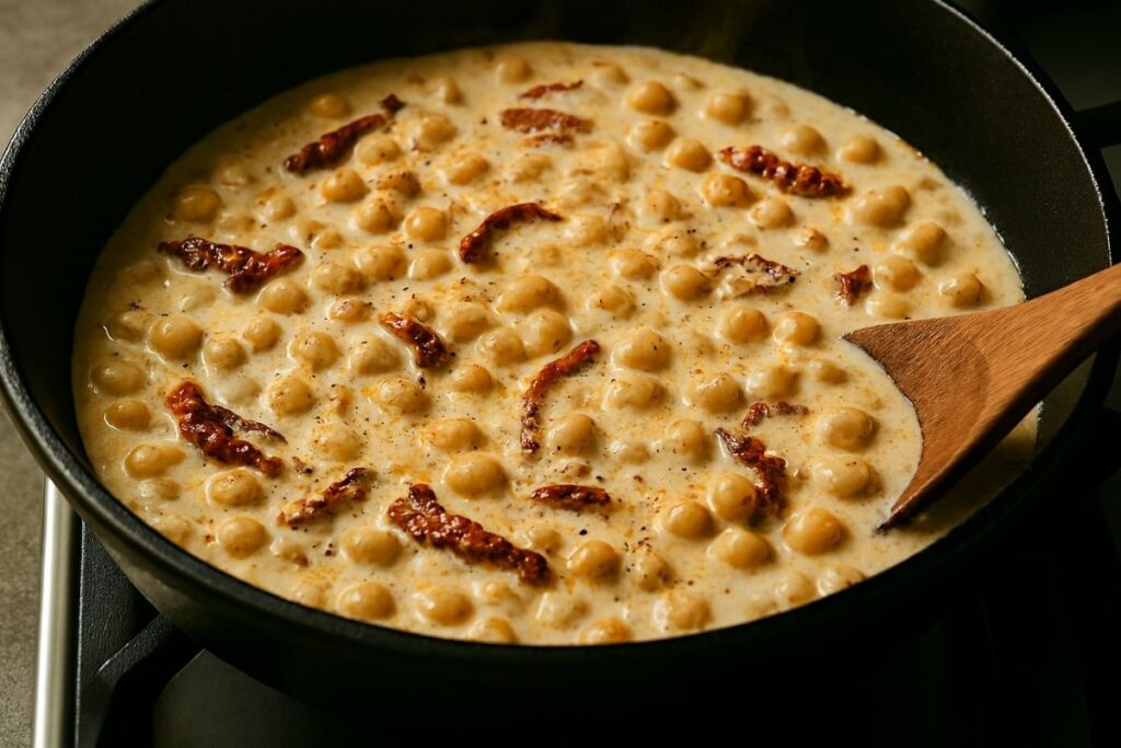 Creamy vegan chickpea skillet on stovetop, ivory cashew sauce bubbling gently around chickpeas and sun-dried tomatoes