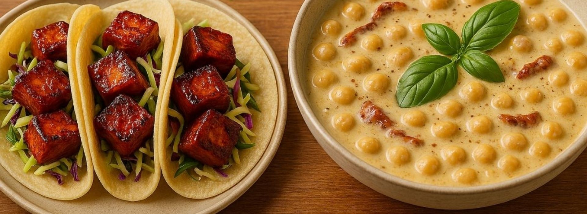 Finished vegan meal spread Korean gochujang tofu tacos in warm corn tortillas