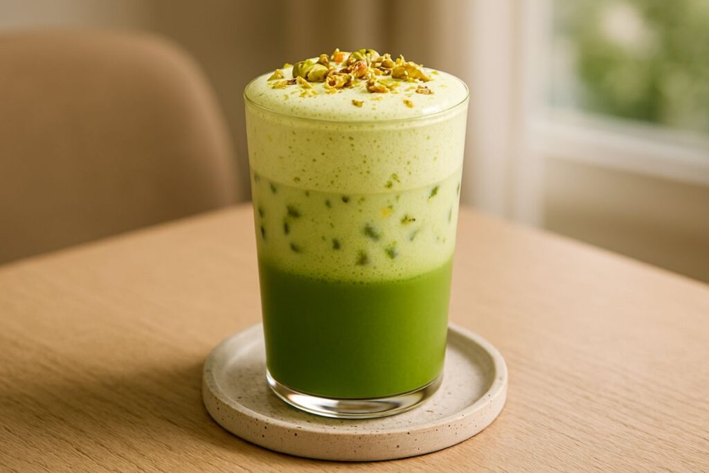 Finished Pistachio Matcha Latte with Pistachio Cold Foam