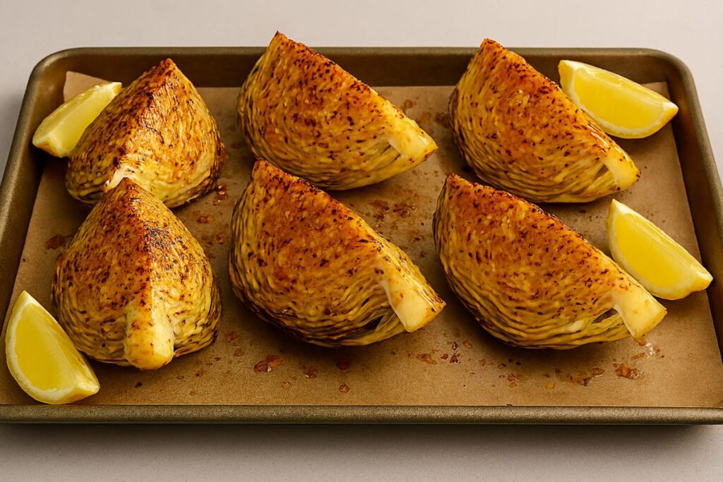 Finished baked cabbage boil – golden, garnished with lemon