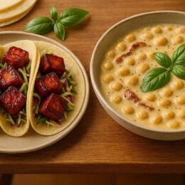 Finished vegan meal spread Korean gochujang tofu tacos