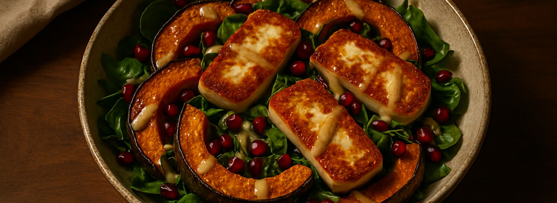 Finished warm roast pumpkin salad with seared halloumi and pomegranate