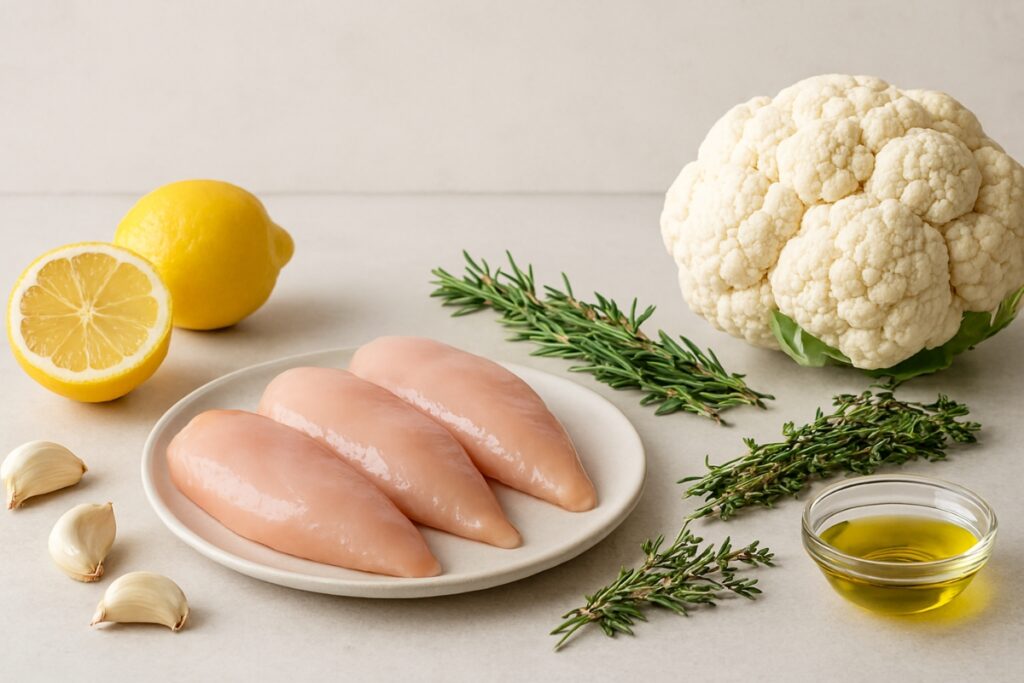 Fresh ingredients laid out for a no sugar dinner recipe including chicken breasts, lemons, garlic, herbs, olive oil, and cauliflower.