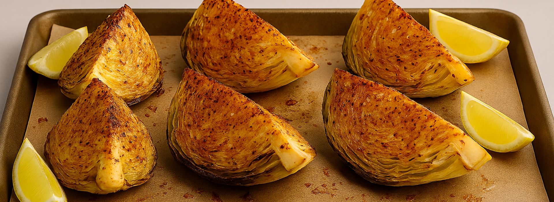 Baked Cabbage Boil Recipe featuring six golden-brown roasted cabbage wedges on a parchment-lined baking sheet, garnished with fresh lemon slices and Cajun seasoning.