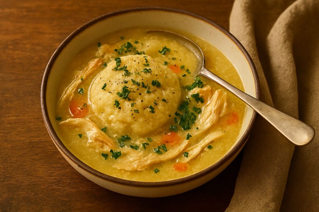 Bowl of southern chicken and dumplings made from scratch, a comforting grandma’s recipe perfect for winter meals