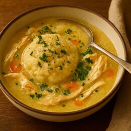 Bowl of southern chicken and dumplings made from scratch, a comforting grandma’s recipe perfect for winter comfort meals