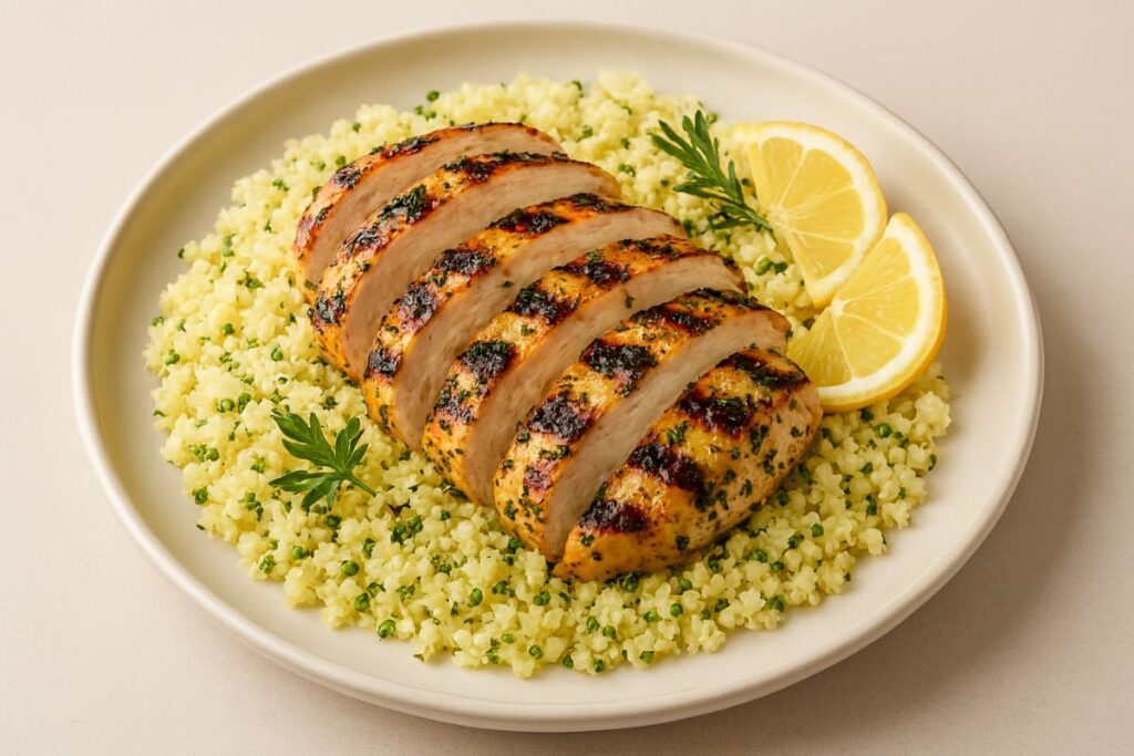 Grilled lemon herb chicken served over cauliflower rice as a no sugar dinner recipes for diabetics.