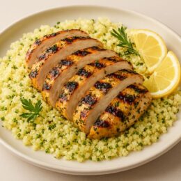 Grilled lemon herb chicken served over cauliflower rice as a no sugar dinner recipe for diabetics.