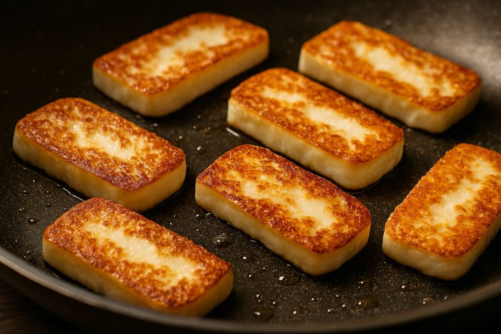 Halloumi slices searing in a non-stick pan, golden crust forming