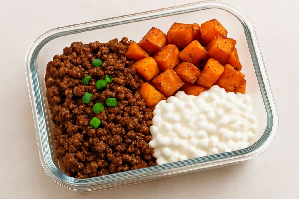 Finished high-protein hot honey beef bowl on a clean kitchen counter.