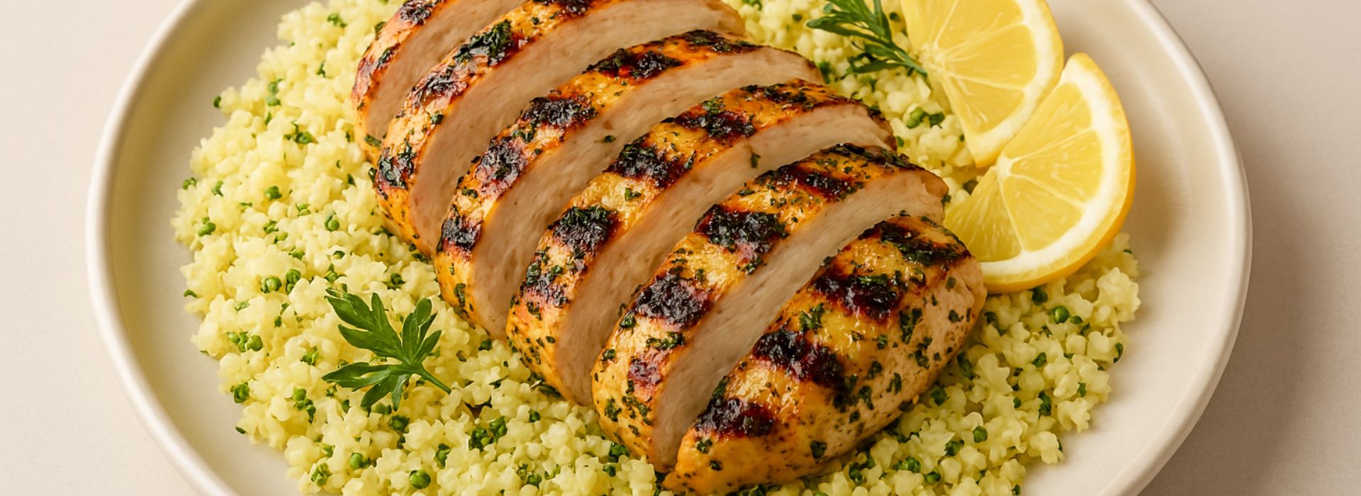 Finished plate of sliced grilled lemon herb chicken served over fluffy cauliflower rice