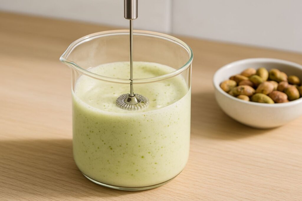 Frothing pistachio paste and milk to make pistachio cold foam for pistachio matcha latte recipe