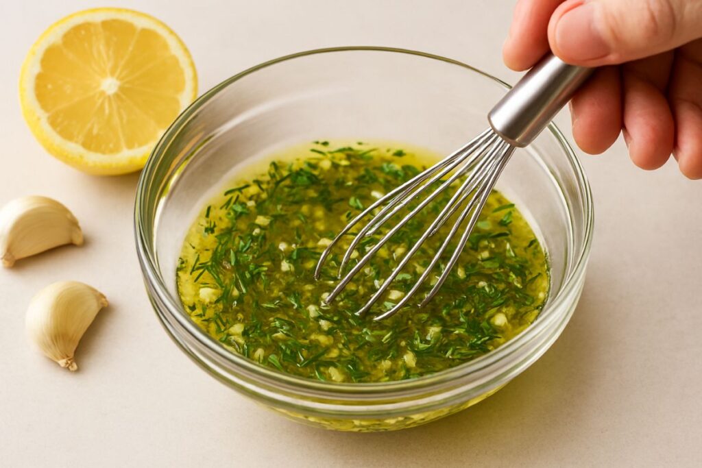 Lemon herb marinade being whisked together without sugar for a healthy low carb diabetic-friendly dinner.