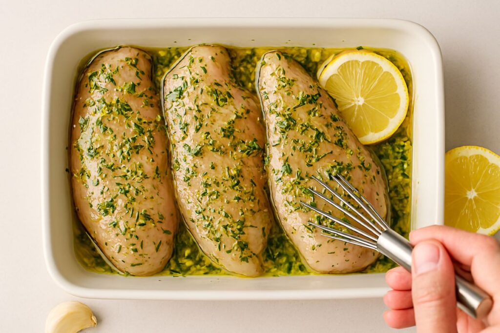 Chicken breasts marinating in lemon, garlic, and herbs for an easy low carb meal for diabetics.