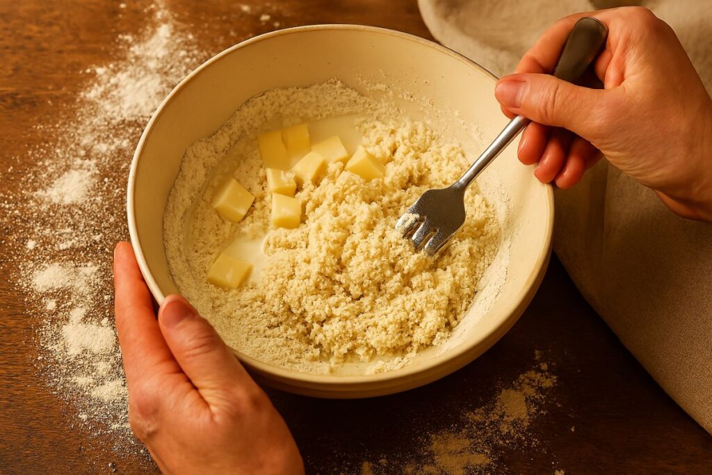Mixing dumpling dough by hand for chicken and dumplings from scratch using a traditional grandma’s recipe