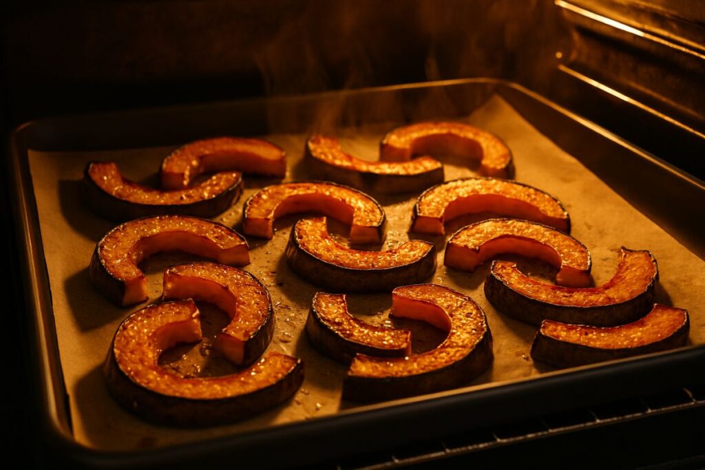 Pumpkin roasting in oven, edges caramelized and golden, steam rising slightly