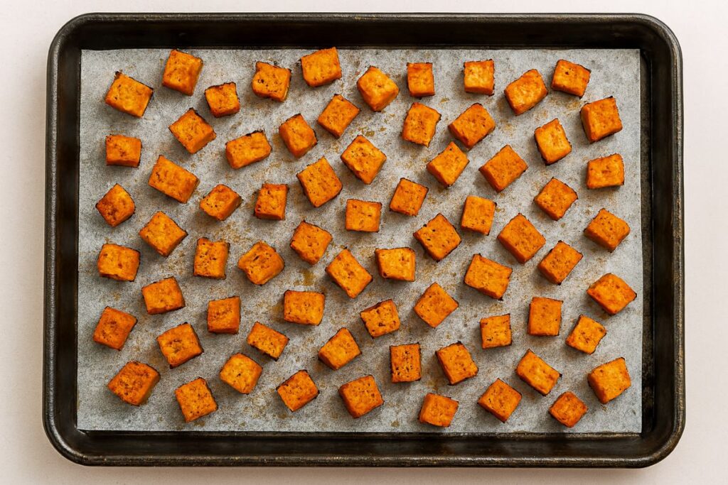 Roasted sweet potatoes on a baking tray