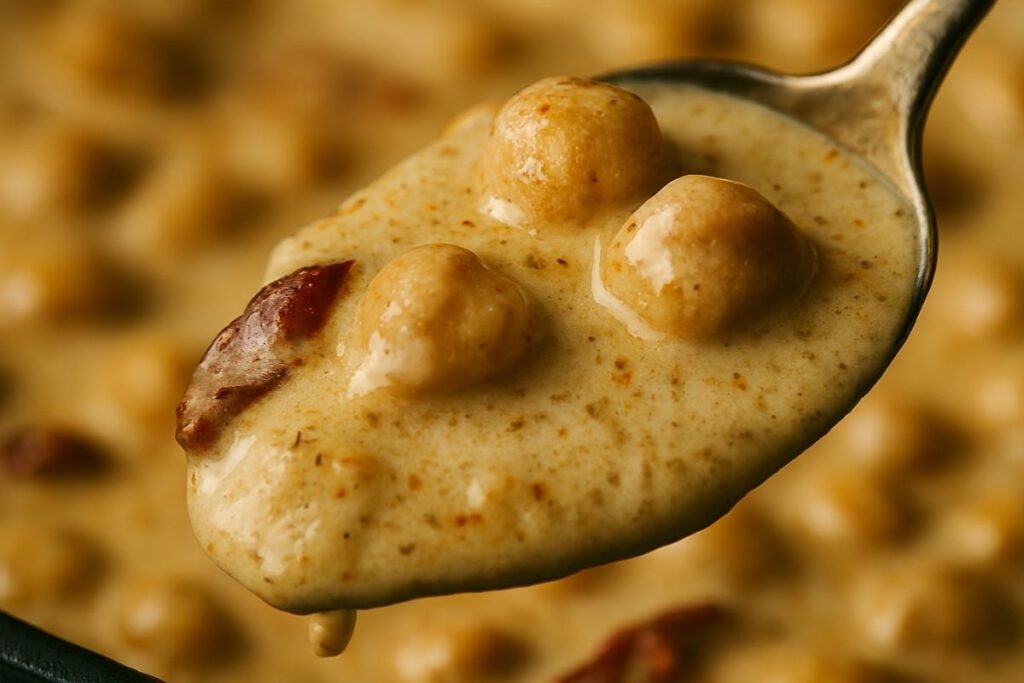 a spoon lifting thick, velvety cashew cream sauce with chickpeas clinging to it, 