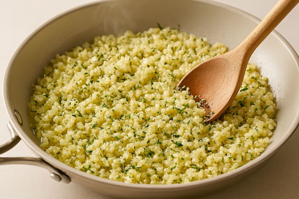 Cauliflower rice cooking in a skillet with olive oil and herbs as a low carb sugar-free side dish