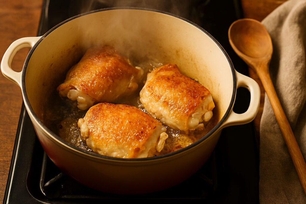 Searing bone-in chicken thighs in a Dutch oven to build flavor for homemade chicken and dumplings from scratch