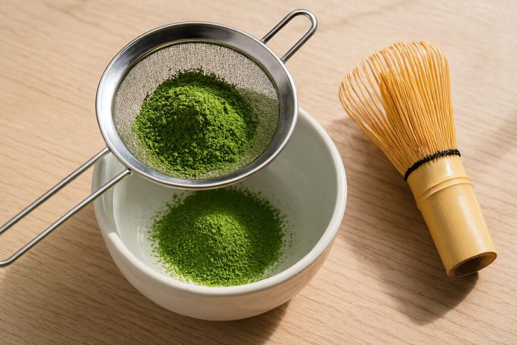 Sifting ceremonial grade matcha powder into a bowl for pistachio matcha latte recipe preparation