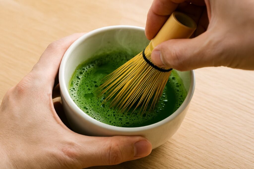 Whisking matcha using a bamboo chasen in a zigzag motion for a pistachio matcha latte recipe