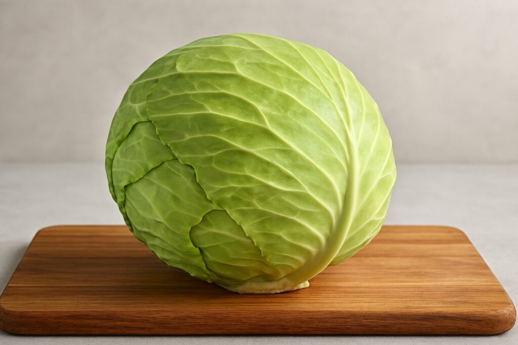 Whole cabbage on cutting board – fresh, uncut
